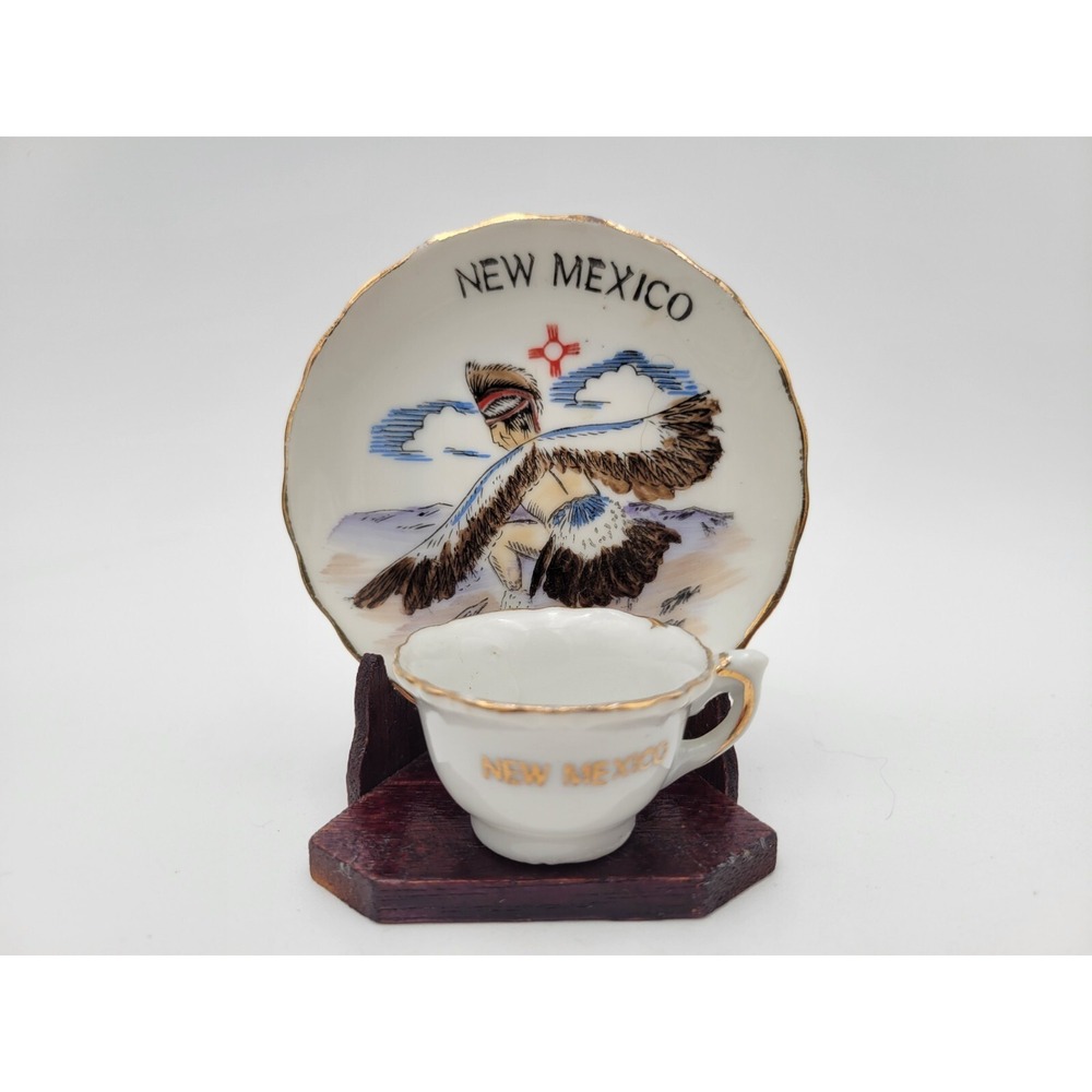 Vintage New Mexico Souvenir Miniature Teacup And Saucer Set With Stand